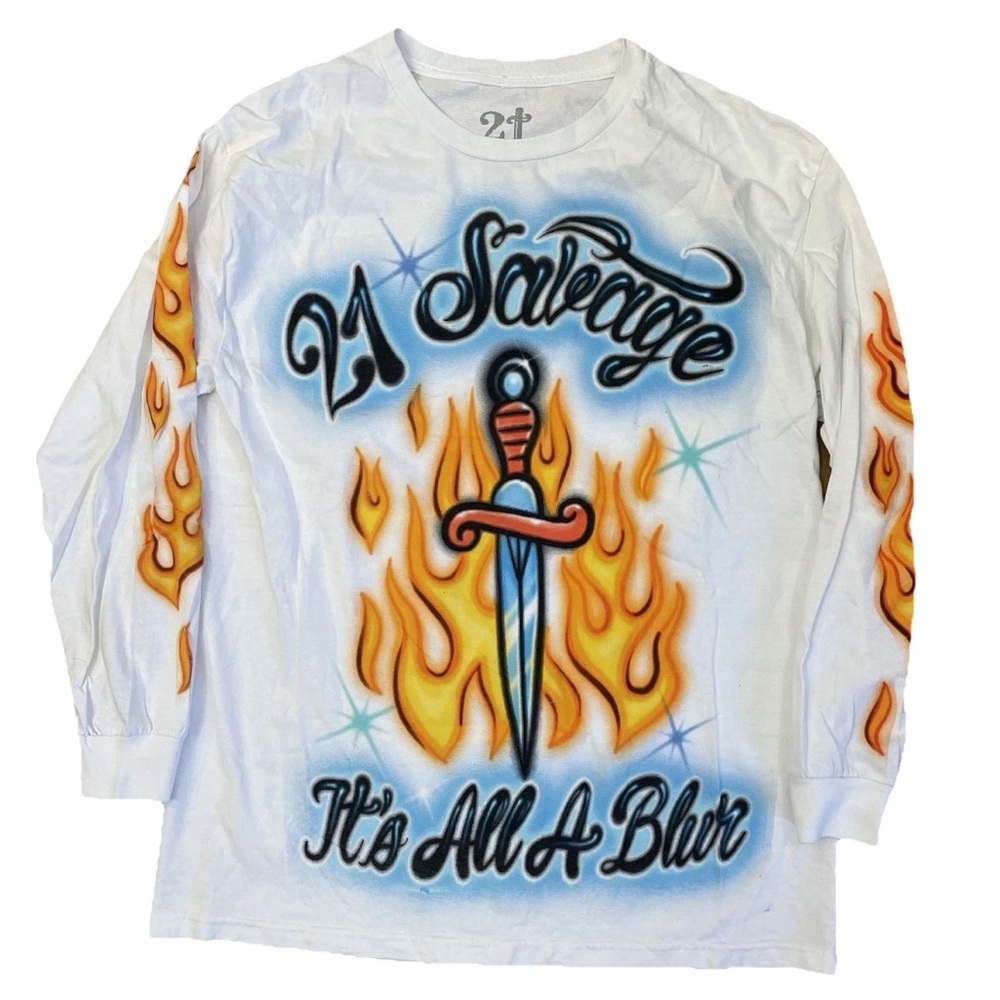 21 Savage Drake It’s All A Blur Tour Merch IAAB Flame L/S T-Shirt Large Airbrush